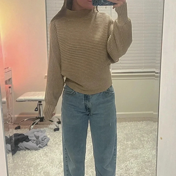 Anthropologie Tan Ribbed Slouchy Mock Neck Sweater - Picture 3 of 9